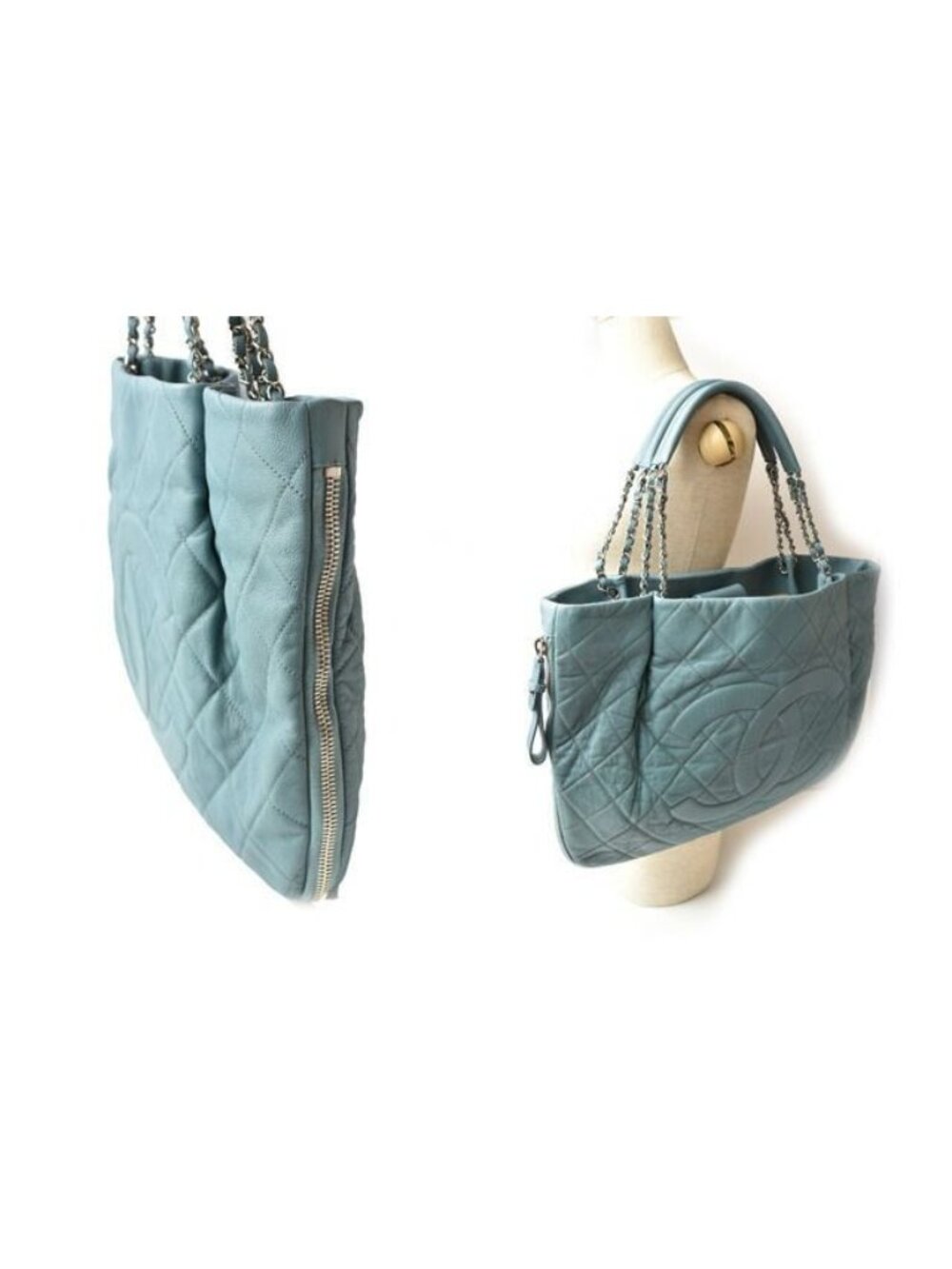 Chanel Tote Bag 2-Way Chain Quilted Stitching Light Blue - Picture 3 of 10